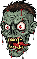 Scary zombie head dripping blood, cartoon horror face with sharp teeth and red eyes, creepy undead monster for Halloween design, vector illustration art