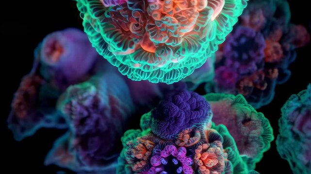 Bright colorful microbes rotating and moving on black background — abstract microscopic world - Powered by Adobe