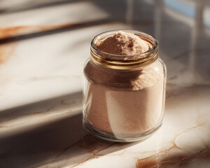 A glass jar filled with light brown powder sits on a marble surface, bathed in sunlight.