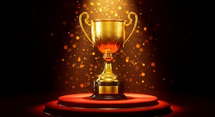 A golden trophy on a red podium with sparkling lights in the background