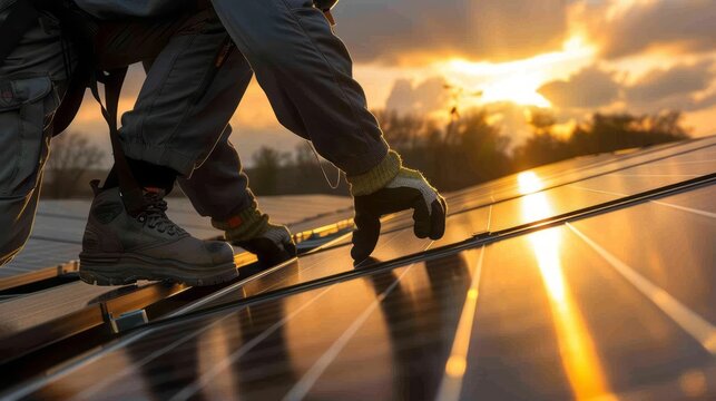 Installation expert carefully handling solar panels at sunset, demonstrating sustainable energy solutions and environmental responsibility, showcasing a bright future for renewable power.