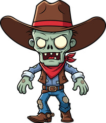 Zombie cowboy cartoon character, undead wild west sheriff, spooky Halloween illustration, cowboy zombie clipart, scary cowboy with hat, western horror character drawing