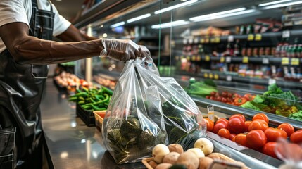 Fresh Produce Selection: A Man Chooses Vegetables in a Supermarket with Attention to Quality and Hygiene using Gloves in a Market Environment