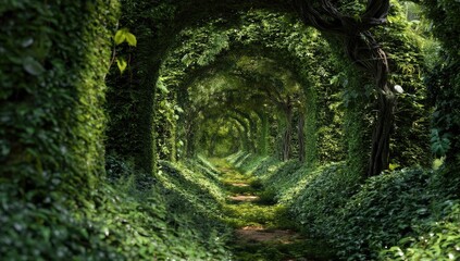 Lush green tunnel pathway, overgrown with vegetation