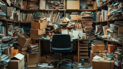 Disorganized office space overrun with papers home office photography cluttered environment close-up view productivity challenges