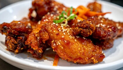 Crispy Chicken Wings Glazed with Sweet and Spicy Sauce Garnished with Sesame and Green Onion
