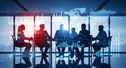 Business Meeting in Modern Conference Room with Overlay
