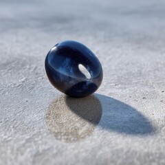 Dark blue polished gemstone rests on a light gray surface, casting a shadow.
