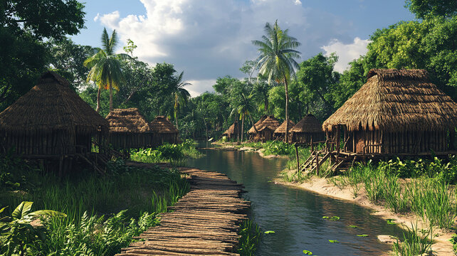 Tranquil village in lush forest setting, International Day of the World's Indigenous Peoples