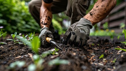 Gardener hands working soil with trowel, nurturing new plants, symbolizing growth, care, and connection to nature in a lush green garden.