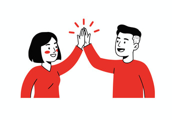 Two team members giving high-five after completing task, black outline and solid red color,white background