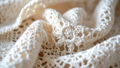 Delicate White Crochet Texture on Soft Fabric Creating an Elegant and Cozy Background