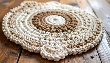 Handcrafted Round Macrame Mat with Natural Tones on Rustic Wooden Surface for Cozy Home Decor