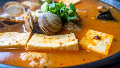 Fresh Seafood Soup with Tofu and Vegetables in Spicy Broth with Garnish of Green Onion