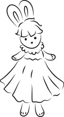 cute bunny with bangs in a ball gown stands and looks at the camera, full size, black outlines drawn by hand with a brush curved lines