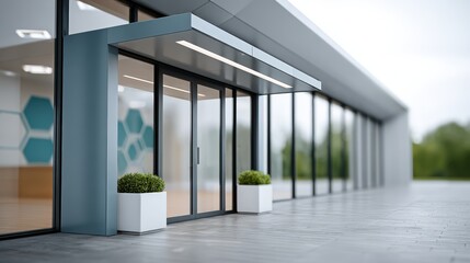 Obraz premium Door entry for smart offices, Modern building entrance with glass doors, metal frame, and potted plants, featuring a sleek architectural design and a clean, spacious paved walkway outside.