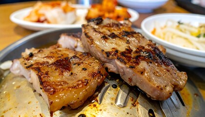 Grilled Pork Chops on Plate with Side Dishes in Restaurant Setting Rich in Flavor and Color