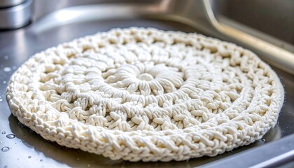 Elegant Handcrafted White Crochet Dish Mat on Kitchen Sink Surface with Soft Focus Background