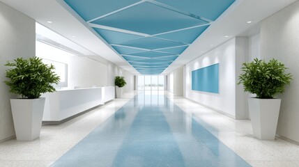 Fototapeta premium Door entry for smart offices, A modern, spacious office lobby with blue accents, white walls, large potted plants, and a sleek reception desk.