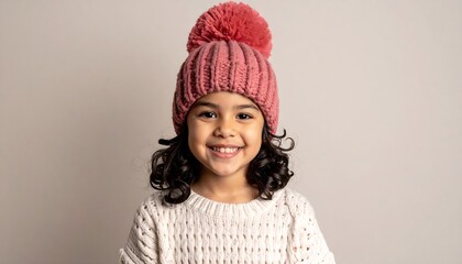 Cute girl with curly hair wearing pink knit hat and white sweater, smiling at the camera indoors