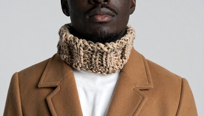 Stylish African Man Wearing Cozy Hand-Knit Scarf and Elegant Brown Overcoat in a Studio Setting