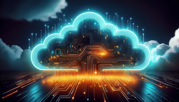 a cloud shaped digital circuit glows brightly against dark storm clouds symbolizing cloud storage and data technology the glowing circuit represents digital data flow emphasizing innovation and cyb
