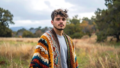 Young man wearing colorful knit blanket standing in an open field surrounded by nature and trees