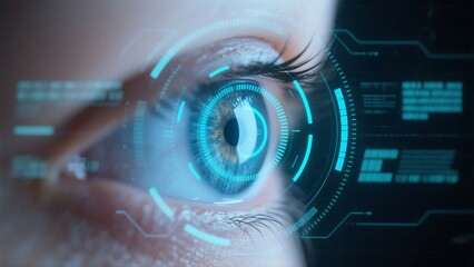 close-up of a human eye with high-tech iris scan overlay