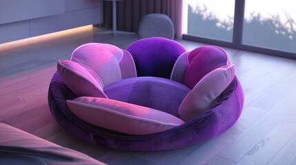 A pet bed with overlapping circles in shades of purple and pink giving off a fun and energetic vibe.