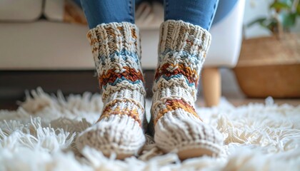 Cozy Knit Socks on Warm Rug in Modern Living Room with Comfortable Atmosphere