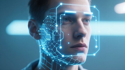 A high-tech AI facial recognition interface scanning a human face