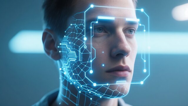 A high-tech AI facial recognition interface scanning a human face