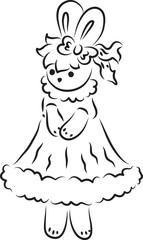 cute bunny with bangs and a bow in her hair in a ball gown stands shyly, full size, black outlines drawn by hand with a brush curved lines