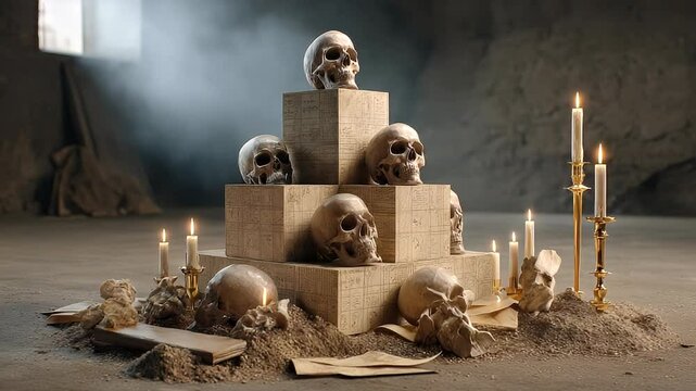 Skull display with candles and decorative boxes