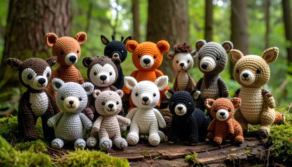 Handcrafted Crochet Woodland Animal Toys on a Natural Forest Setting amid Lush Greenery and Trees