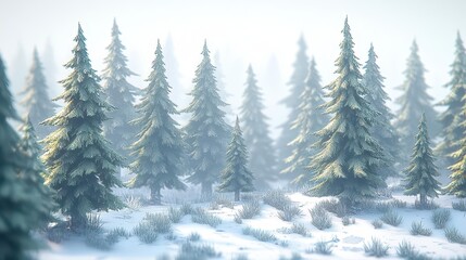 Obraz premium Snowy Evergreens in Foggy Forest