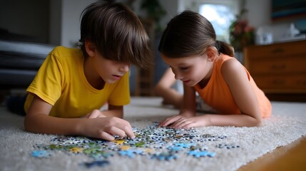 Fototapeta premium Children working together to solve a puzzle
