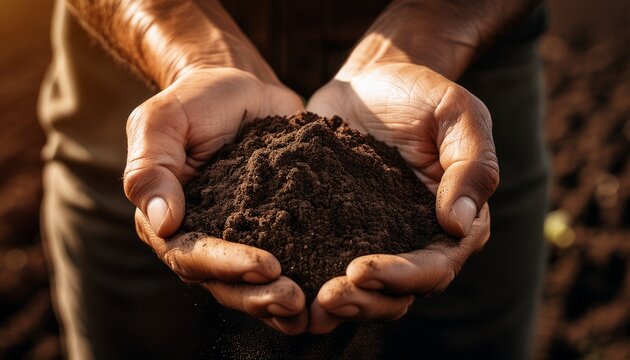 close up of hands holding a handful of fertile dirt symbolizing agriculture and connection to nature