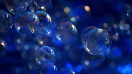 Abstract macro closeup of multiple floating soap bubbles with vivid blue backlight, showing delicate iridescent surface reflections and thin transparent membranes. Light science and texture concept