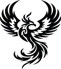 Obraz premium This striking illustration features a bold phoenix rendered in black, showcasing its majestic wings and intricate tail feathers. 