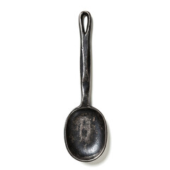 Rustic, dark metal spoon with a textured, worn surface and a simple design, isolated on a clean white background.
