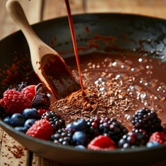 A wooden s stirring a mixture of water and crushed cacao beans with a handful of mixed berries.