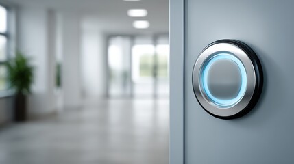 Door entry for smart offices, A modern, circular smart door lock with blue LED light installed on a gray door in a bright, blurred office corridor.