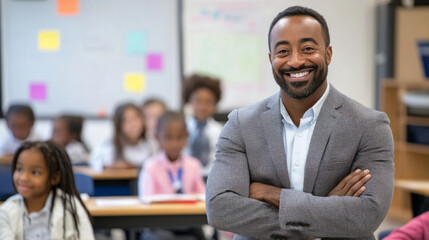 Obraz premium Happy smiling afro american teacher posing with crossed arms in classroom with students