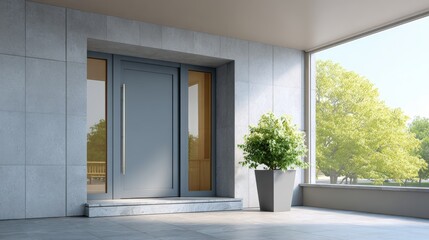 Door entry for smart offices, A modern gray front door with glass side panels, set in a sleek stone facade with a large potted plant and a view of green trees outside.