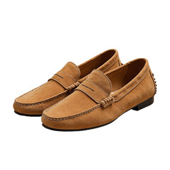 Loafer shoes suede tan isolated, Fashion footwear piece, Designer casual gear, Stylish outfit item, Classic slip-on prop, Soft texture decor