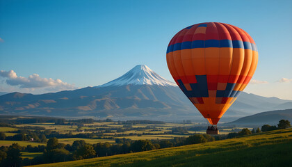 Obraz premium Colorful Hot Air Balloon Flying Over Scenic Mountain Landscape at Sunrise