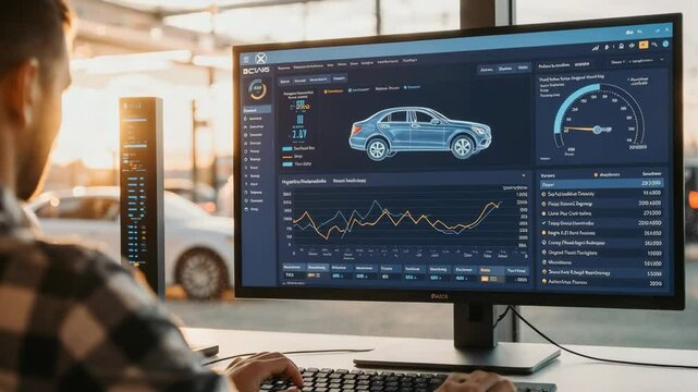 Man analyzes car data on computer screen in modern office