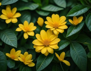 Obraz premium tiny yellow flowers peeking out from delicate green leaves