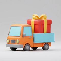 3d cartoon delivery truck with gift isolated on white background